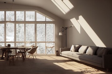 Obraz premium Luxury Mid Century Modern Living Room Interior with Large Windows Made with Generative AI
