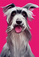 Funny adorable portrait headshot of cute doggy. Scottish Deerhound dog breed puppy, standing facing front. Looking to camera. Watercolor imitation illustration. AI generated vertical artistic poster.