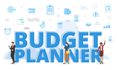 budget planner concept with big words and people surrounded by related icon with blue color style