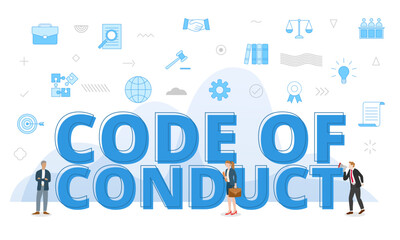 code of conduct concept with big words and people surrounded by related icon with blue color style