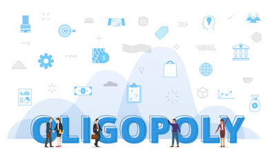 Fototapeta na wymiar oligopoly concept with big words and people surrounded by related icon with blue color style