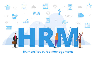 hrm human resource management concept with big words and people surrounded by related icon with blue color style
