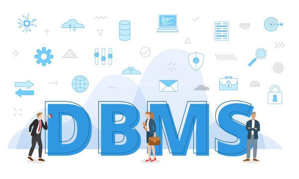 dbms database management system concept with big words and people surrounded by related icon with blue color style