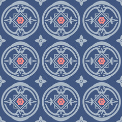 Japanese Flower Circle Mosaic Vector Seamless Pattern