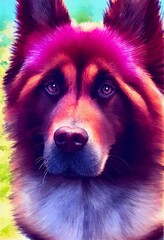 Funny adorable portrait headshot of cute doggy. Belgian Tervuren dog breed puppy, standing facing front. Looking to camera. Watercolor imitation illustration. AI generated vertical artistic poster.