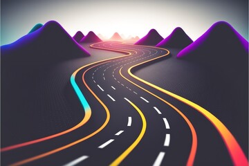 Roadmap design, neon glowing, forward movement, dark environment created with generative ai technology