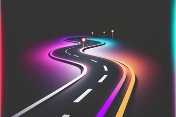 Roadmap design, neon glowing, forward movement, dark environment created with generative ai technology