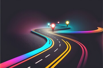 Roadmap design, neon glowing, forward movement, dark environment created with generative ai technology