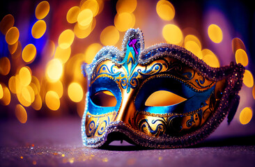 Carnival Party - Venetian Mask With Abstract Defocused Bokeh Lights And Shiny Streamers - Masquerade Disguise Concept