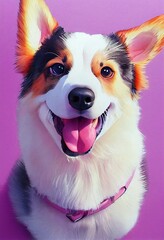 Funny adorable portrait headshot of cute doggy. Cardigan Welsh Corgi dog breed puppy, standing facing front. Looking to camera. Watercolor imitation illustration. AI generated vertical artistic poster