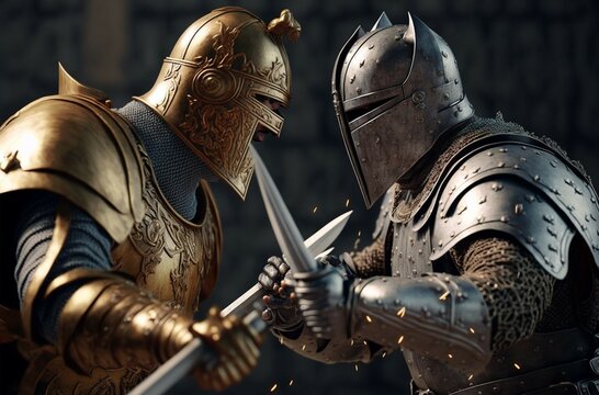 Two medieval knights facing each other fighting. Gernerative Ai.