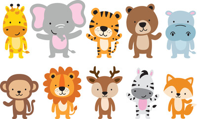 Obraz premium Cute Wild Animals in Standing position Vector Illustration. Animals include a giraffe, elephant, tiger, bear, hippo, monkey, lion, deer, zebra, and fox.