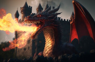 Dragon breathing fire in front of a burning castle. Generative Ai.