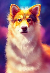 Naklejka premium Funny adorable portrait headshot of cute doggy. Icelandic Sheepdog dog breed puppy, standing facing front. Looking to camera. Watercolor imitation illustration. AI generated vertical artistic poster.