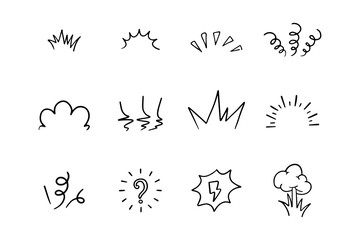 Collection of hand drawn line showing lines, sunbeams, flakes, surprise etc.