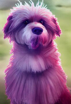 Funny adorable portrait headshot of cute doggy. Pulik dog breed puppy, standing facing front. Looking to camera. Watercolor imitation illustration. AI generated vertical artistic poster.