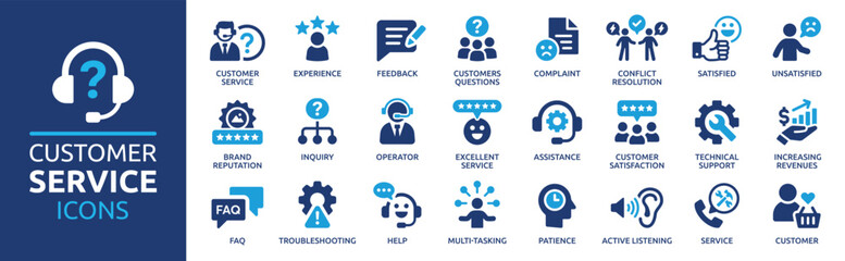 Customer service icon set. Containing customer satisfied, assistance, experience, feedback, operator and technical support icons. Solid icon collection.