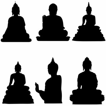 
set of buddha statues, silhouettes, white background
