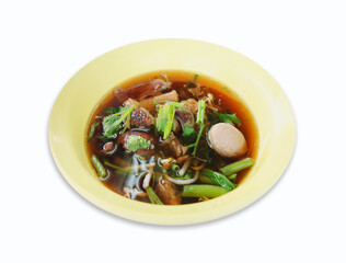 Beef Noodles and Meatballs, top view, close up 
