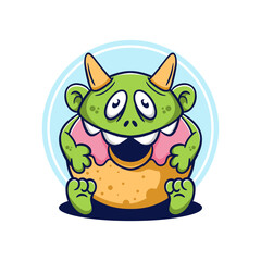 Monster eating doughnut cartoon character