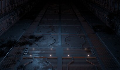 Metal corridor grating in control room in dark scene 3D rendering sci-fi interior wallpaper backgrounds