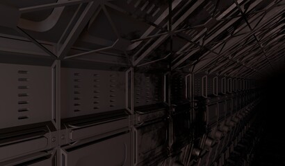 Side view metal wall in control room interior scene 3D rendering sci-fi wallpaper backgrounds