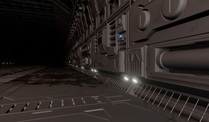 Side view laboratory control room in dark scene 3D rendering sci-fi interior wallpaper backgrounds