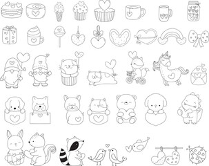 Big set valentine day with love, heart, wedding, animal cartoon hand drawn,doodle,line art style Cute cartoon funny character. Pet collection. Flat design Baby background.vector illustration