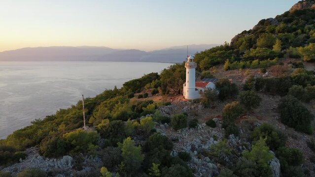 Aerial View, Gelidonya Lighthouse and Scenic Turkish Coastline on Mediterranean Sea at Sunset