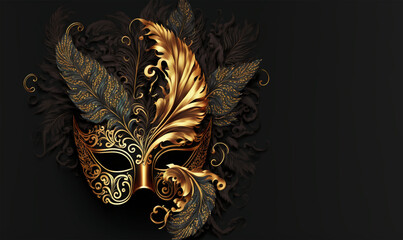 Golden carnival mask with feathers Beautiful mask banner, Generative AI	