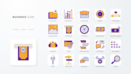 Business people icon collection with orange purple outline style. person, businessman, team, teamwork, manager, set, symbol. Vector Illustration