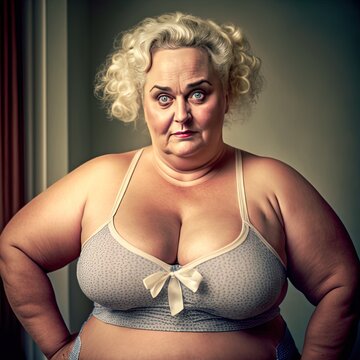Serious overweight mature woman in lingerie. Image generated with generative AI	