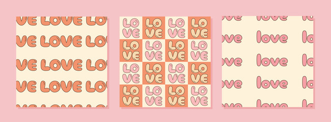 Set of simple abstract groovy patterns in retro 60s 70s psychedelic style with word love. Groovy funky square backgrounds with comic font. Valentine day. Vector flat illustration.