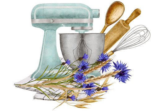 recommend clip art: Watercolor mixer for cooking with a composition of flowers and kitchen utensils - a rolling pin for dough, a whisk for whipping, a spoon.
