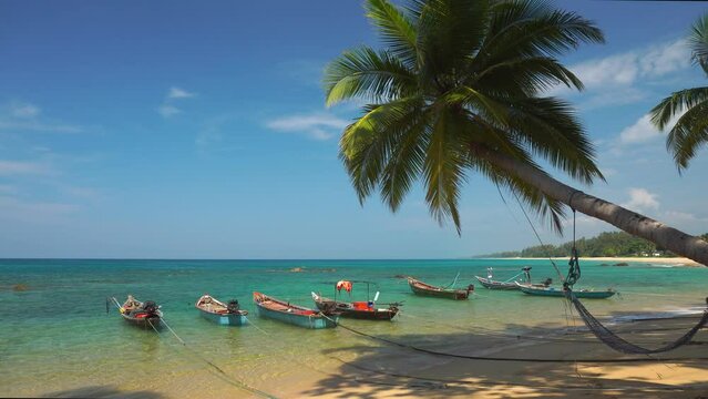 ow Angle View Of Coconut Palm Trees On Beach Against Sky