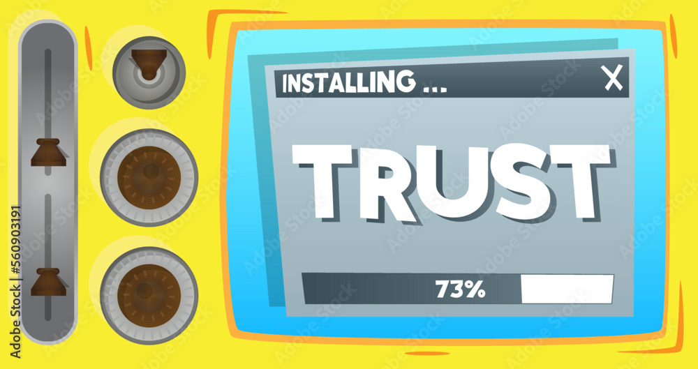 Poster cartoon computer with the word trust. message of a screen displaying an installation window.