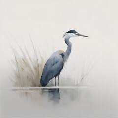 great blue heron standing in the fog