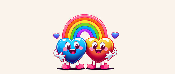 Couple in love concept, two cute hearts hugging with rainbow vintage isolate background. Valentine's Day Concept.Illustration ’60s and ’70s, flat retro designs. 