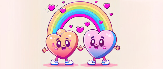 Couple in love concept, two cute hearts hugging with rainbow vintage isolate background. Valentine's Day Concept.Illustration ’60s and ’70s, flat retro designs. 