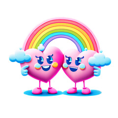 Fototapeta premium Couple in love concept, two cute hearts hugging with rainbow vintage isolate background. Valentine's Day Concept.Illustration ’60s and ’70s, flat retro designs. 
