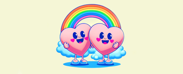 Couple in love concept, two cute hearts hugging with rainbow vintage isolate background. Valentine's Day Concept.Illustration ’60s and ’70s, flat retro designs. 