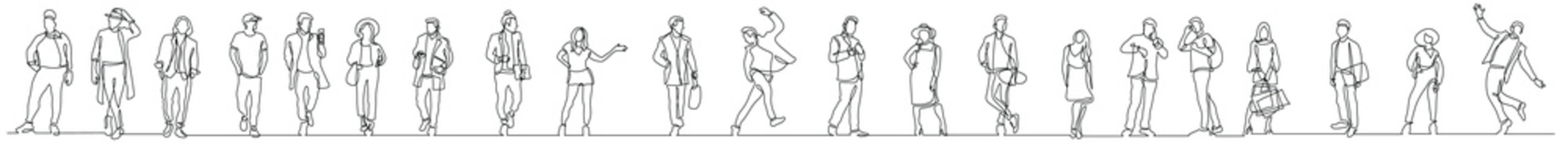 continuous line drawing of group of happy positive diverse people standing in line - PNG image with transparent background