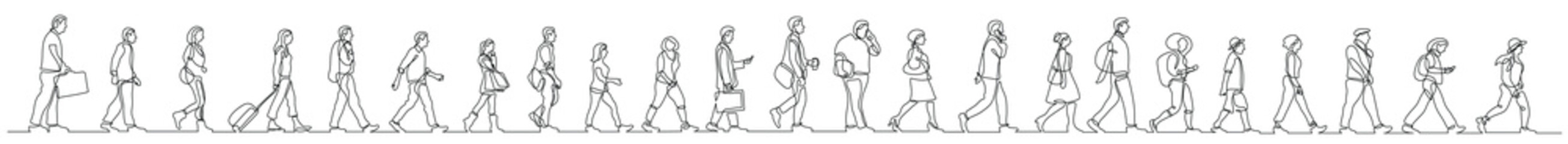 Naklejka premium continuous line drawing of group of various diverse people walking on street - PNG image with transparent background