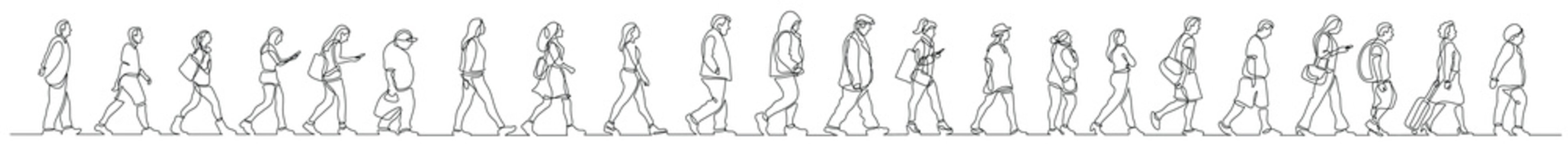 Continuous Line Drawing Of Group Of Diverse People Walking On Street - PNG Image With Transparent Background