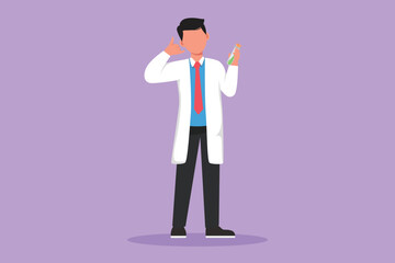 Graphic flat design drawing male scientist standing with call me gesture and holding measuring tube filled with chemical liquid. Research about vaccine and pandemic. Cartoon style vector illustration
