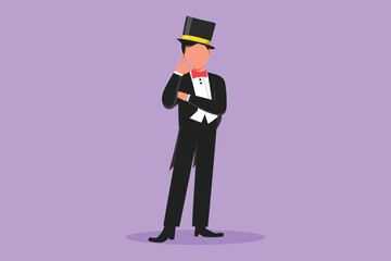 Cartoon flat style drawing funny male magician standing in suit with call me gesture and holding hat magic and wand performing tricks at circus show entertainment. Graphic design vector illustration - obrazy, fototapety, plakaty