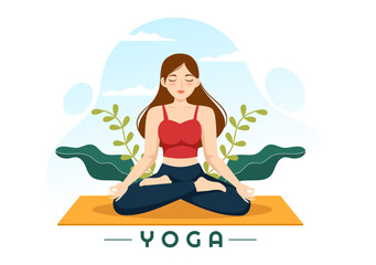 Obraz premium Yoga and Meditation Practices Illustration with Health Benefits of the Body for Web Banner or Landing Page in Flat Cartoon Hand Drawn Templates