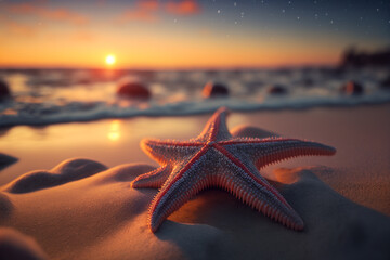 Naklejka na ściany i meble A starfish on a beach with the sun setting in the background, Generative AI