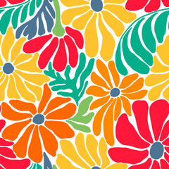 Beautiful old style 50s 70s retro floral seamless pattern with colorful flowers. Stock illustration.