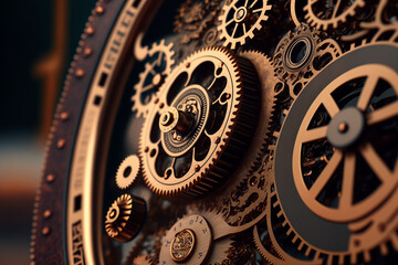 A close up of a clock with gears, Generative AI